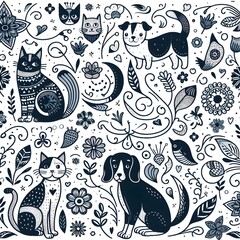 Seamless Pattern of Cats and Dogs in a Floral Design