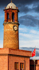 Erzurum Kalesi Saat Kulesi or Castle Clock Tower and Turkish flag, vertical wallpaper symbolizing...