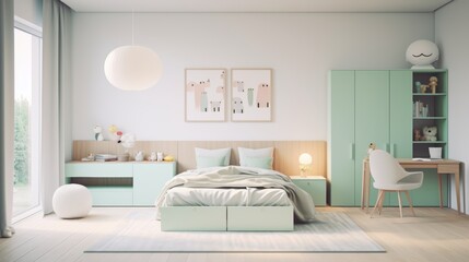 Modern mint green and white bedroom interior with a bed, a desk, a lamp, and a window.