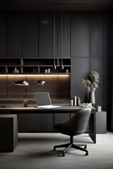 Modern minimalist office interior with black desk and chair, wooden shelves, and laptop.