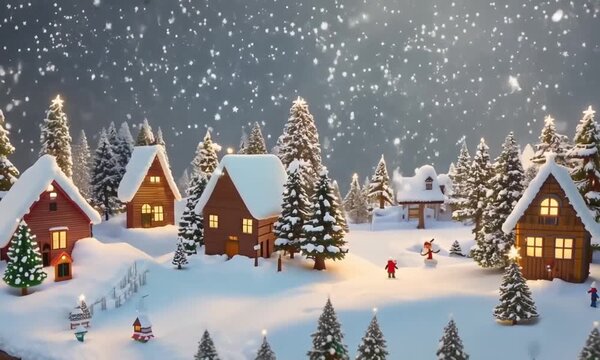 Miniature Christmas village houses with twinkling lights, surrounded by snow-covered pine trees