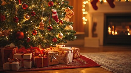 Christmas Cheer: A beautifully decorated Christmas tree adorned with twinkling lights and ornaments stands tall in a cozy living room, surrounded by a mountain of wrapped presents.
