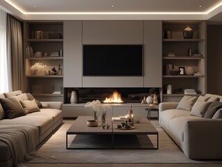 Modern living room with fireplace, two sofas, a coffee table, and built-in shelves.