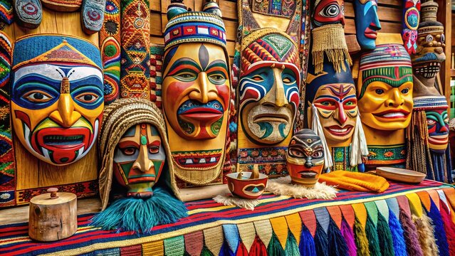 Vibrant traditional Native Alaskan craftsmanship on display, showcasing intricately carved tribal masks, colorful beaded jewelry, and richly patterned woven blankets.