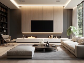Modern living room with a fireplace, TV, and a white sofa.