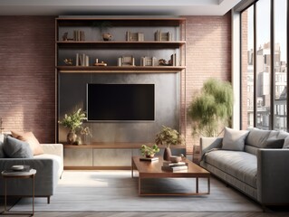 Modern living room with a large flat-screen TV mounted on a wall with a wooden shelf and a beige sofa in front of a window with a view of the city.
