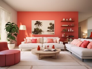 Fototapeta premium Modern living room with a coral wall, white sofas and a tropical print framed picture.