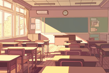 Empty Sunlit Classroom with Desks and Blackboard at Sunset