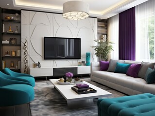 Modern living room interior design with white sofa, teal armchairs and a coffee table.