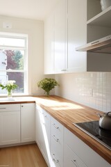 Modern kitchen with white cabinets, wood countertop, and a stainless steel range hood.