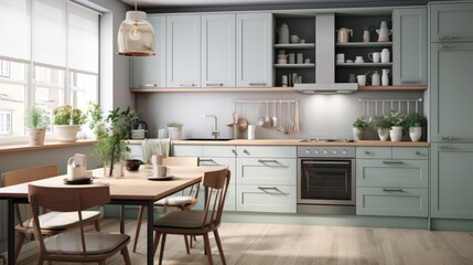 Modern kitchen with light green cabinets, wood dining table and chairs, and a window with white blinds.