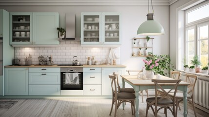 Modern kitchen with a dining area, white cabinets, and a large window.
