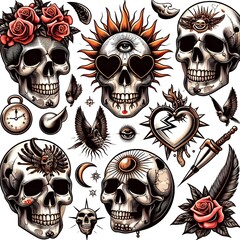 Vintage Tattoo Skull and Floral Design Elements