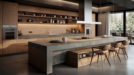 Modern kitchen island with wooden cabinets, concrete countertop, and three chairs.