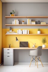Modern home office workspace with a yellow wall, wooden shelves, a desk, a chair, a laptop, and potted plants.