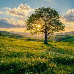 Beautiful green meadow with a lonely oak tree bathed in the light of the setting sun during golden hour