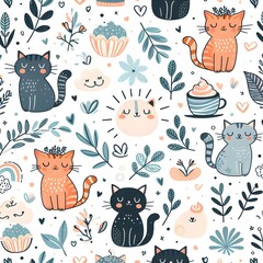 Cute Cat Seamless Pattern with Floral Elements