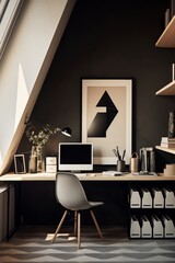 Modern Home Office Desk with Black Walls, Geometric Artwork and Wooden Shelves.