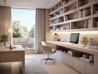 Modern home office interior with a large window, wooden desk, and a white chair.