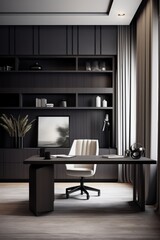 Modern home office interior with a black desk, white chair, and a minimalist design.