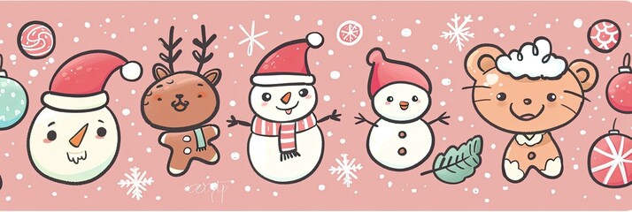 A cute, kawaii style illustration featuring adorable holiday characters like chibi reindeer, snowmen, and gingerbread cookies in pastel colors