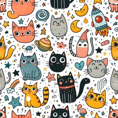 Cute Cat Pattern with Space and Stars Elements