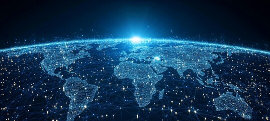 Abstract digital background with glowing network connections and a global map, symbolizing technology, connectivity, data transfer, and cyber security in a futuristic style
