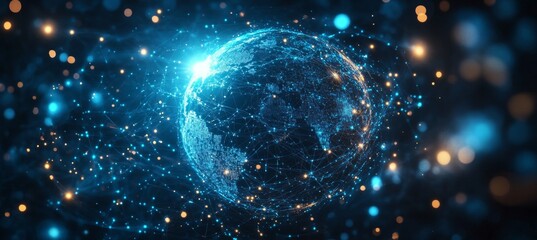 Abstract digital background with glowing network connections and a global map, symbolizing technology, connectivity, data transfer, and cyber security in a futuristic style