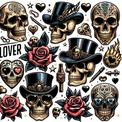 Skull Tattoo Flash Design Set with Roses and Hearts