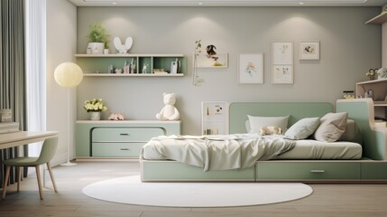 Modern bedroom with a green bed, a desk, a chair, and a white rug.