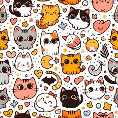 Cute Cat Pattern with Hearts and Stars