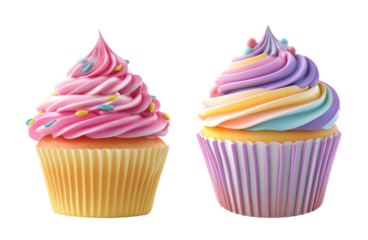 Pink and Rainbow Cupcakes on White Background.