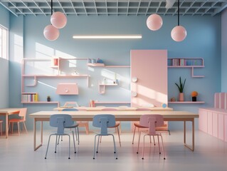 Minimalist office interior with pastel pink and blue colors, wooden table, and blue and pink chairs.