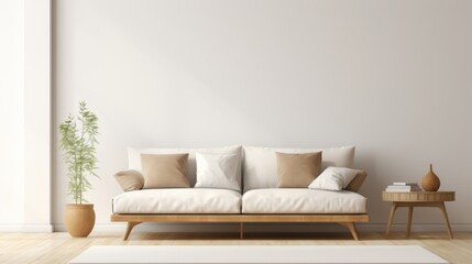 Minimalist living room with a white sofa, wooden side table, and a potted plant.