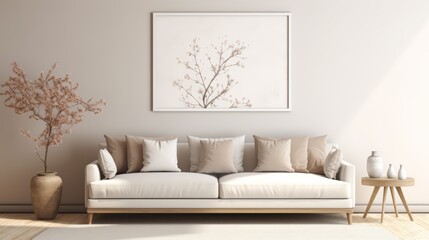 Minimalist living room interior with a white sofa, beige pillows, and a framed art print of a branch with white flowers.