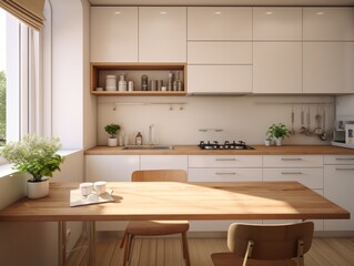 Minimalist Kitchen Interior with Wooden Table and Chairs, Sunlight Streaming Through Window.