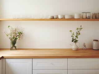 Minimalist kitchen interior with white cabinets, wood countertop, and flowers in a vase.