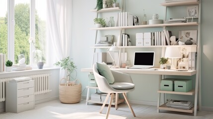 Minimalist home office workspace with a desk, laptop, chair, and shelves with books, plants, and decor.