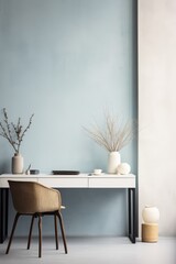 Minimalist Home Office with White Desk,  Chair, Vases and Lamp.
