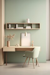 Minimalist home office with a wooden desk, a light green chair, and a shelf with books and decorative items.