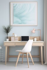Minimalist home office with a wooden desk, a white chair, a laptop, and a framed abstract print.