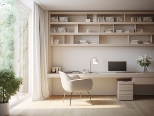 Minimalist home office with a wooden desk, chair, shelves, a computer, and a potted plant.