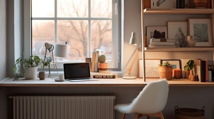 Fototapeta premium Minimalist home office with a laptop, desk lamp, and plants on the wooden desk next to a window.
