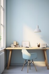 Minimalist home office with a blue wall, wooden desk, blue chair, and a hanging lamp.