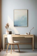 Minimalist home office desk with a white chair, a lamp, and a framed abstract painting on the wall.
