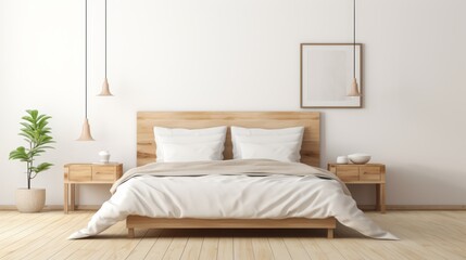 Minimalist bedroom with a wooden bed frame, white bedding, and two bedside tables.