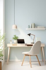 Minimalist home office desk with a laptop, chair, and a lamp on a light blue wall.