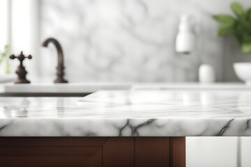 Empty marble tabletop or counter with display product. Blur image of bath room background.