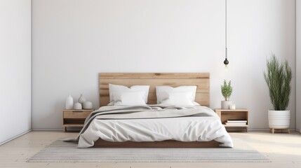 Minimalist bedroom with a white bed, wooden headboard, and a hanging light bulb.