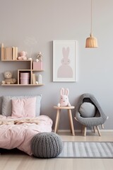 Minimalist girls bedroom with a pink bed, grey knitted pouf and chair and a wooden side table with a cute bunny toy.